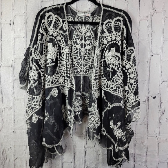 Origami By Vivien Womens One Size Black Embroidered Sheer Draped Kimono Delicate - Picture 2 of 6